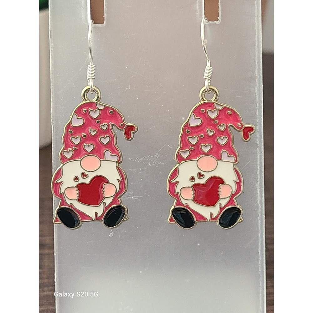 Handmade Gnome‎ Heart Earrings Enamel Pink Valentine's Day Dangle Drop Women
